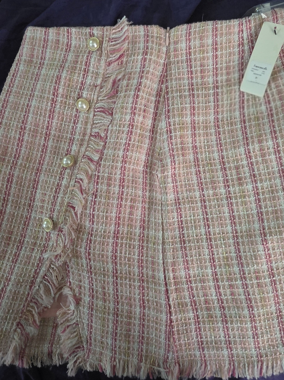 💖 NWT Francesca's Pink Tweed Pearl Button Fringe Mini Skirt  💖